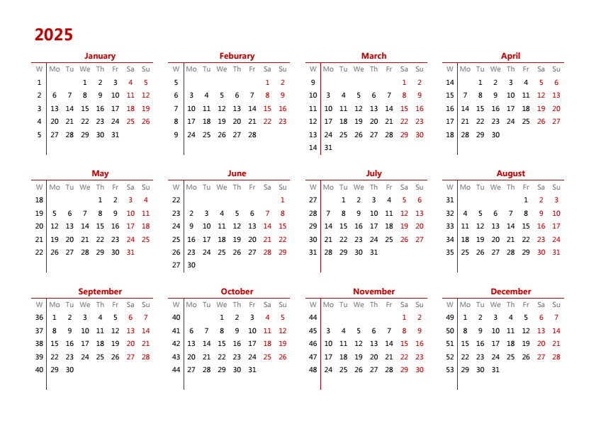 2025年日历 A4横向 英文版 无农历 有周数 周一开始
